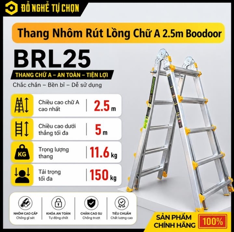 Thang Nhôm Rút Lồng 2.5m Boodoor BRL25 – Duỗi Thẳng 5m, Nhôm Dày 2.4mm, Tải Trọng 300Kg | Hàng Chính Hãng, Có VAT