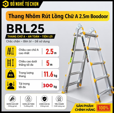 Thang Nhôm Rút Lồng 2.5m Boodoor BRL25 – Duỗi Thẳng 5m, Nhôm Dày 2.4mm, Tải Trọng 300Kg | Hàng Chính Hãng, Có VAT