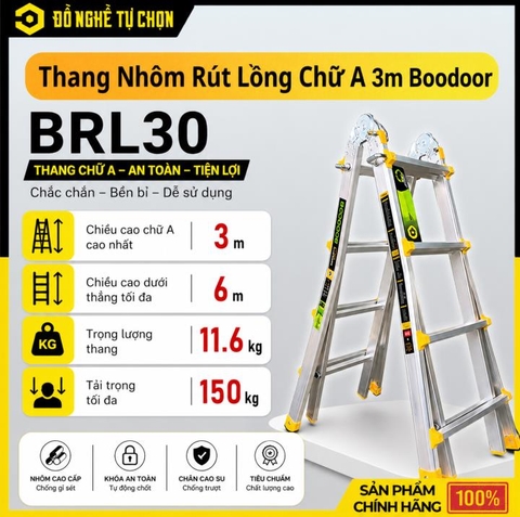 Thang Nhôm Rút Lồng 3m Boodoor BRL30 – Duỗi Thẳng 6m, Nhôm Dày 2.4mm, Tải Trọng 300Kg | Hàng Chính Hãng, Có VAT