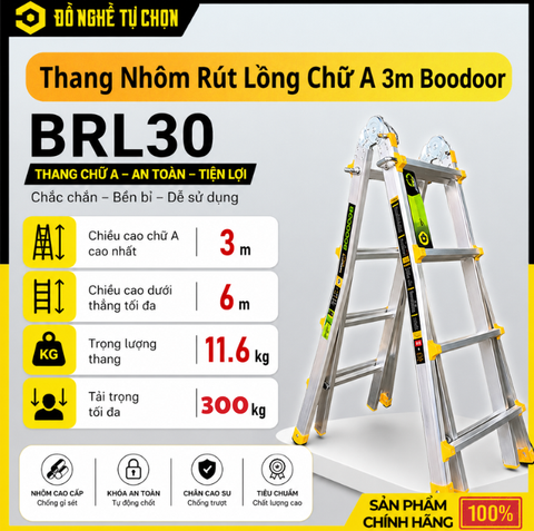 Thang Nhôm Rút Lồng 3m Boodoor BRL30 – Duỗi Thẳng 6m, Nhôm Dày 2.4mm, Tải Trọng 300Kg | Hàng Chính Hãng, Có VAT