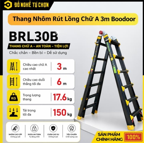Thang Nhôm Rút Lồng Chữ A 3m Boodoor BRL30B (Khóa Mỹ) – Duỗi Thẳng 6m, Nhôm Dày 2.6mm, Tải Trọng 150Kg | Hàng Chính Hãng, Có VAT