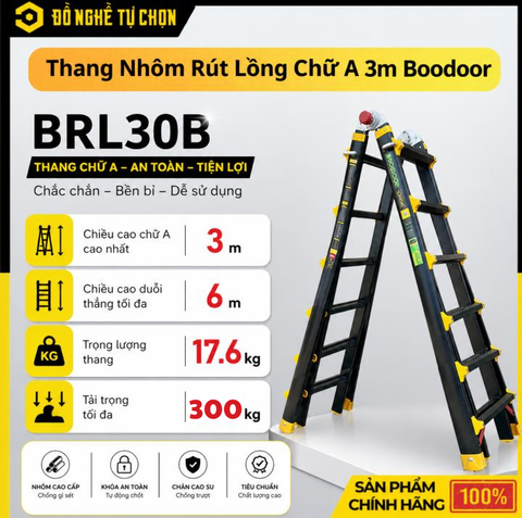 Thang Nhôm Rút Lồng Chữ A 3m Boodoor BRL30B (Khóa Mỹ) – Duỗi Thẳng 6m, Nhôm Dày 2.6mm, Tải Trọng 150Kg | Hàng Chính Hãng, Có VAT