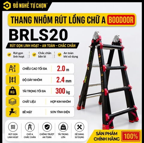 Thang Nhôm Rút Lồng Sơn Tĩnh Điện Boodoor BRLS20 – Gọn Nhẹ, Tải Trọng 300Kg, An Toàn Khi Làm Việc Trên Cao | Hàng Chính Hãng, Có VAT