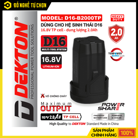 Pin 16V 2.0Ah Dekton D16-B2000TP – Nhỏ Gọn, Sạc Nhanh, Vỏ Chống Cháy An Toàn | Hàng Chính Hãng, Có VAT
