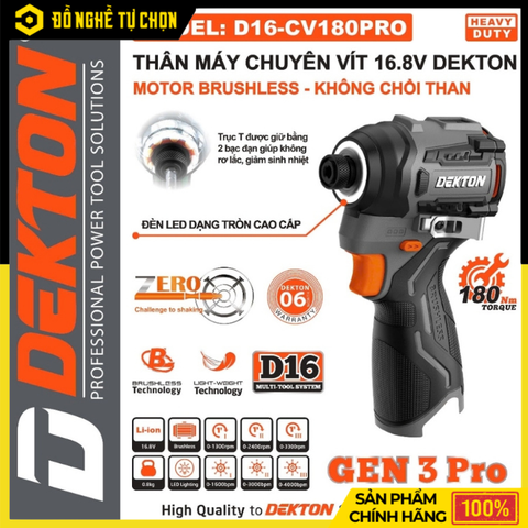 Máy Vặn Vít Dùng Pin 16.8V Dekton D16-CV180PRO – Brushless – Lực Siết 180Nm – Hàng Chính Hãng Có VAT