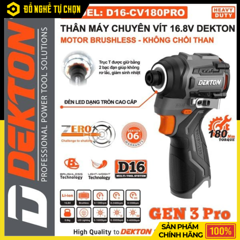 Máy Vặn Vít Dùng Pin 16.8V Dekton D16-CV180PRO – Brushless – Lực Siết 180Nm – Hàng Chính Hãng Có VAT