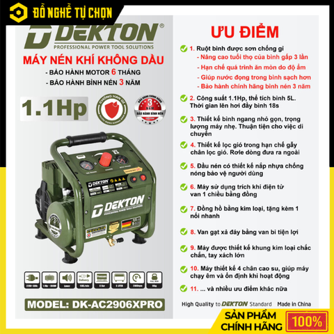Máy Nén Khí Không Dầu Dekton DK-AC2906PRO 6L Mini Siêu Êm Lên Hơi Nhanh – Hàng Chính Hãng, Có VAT