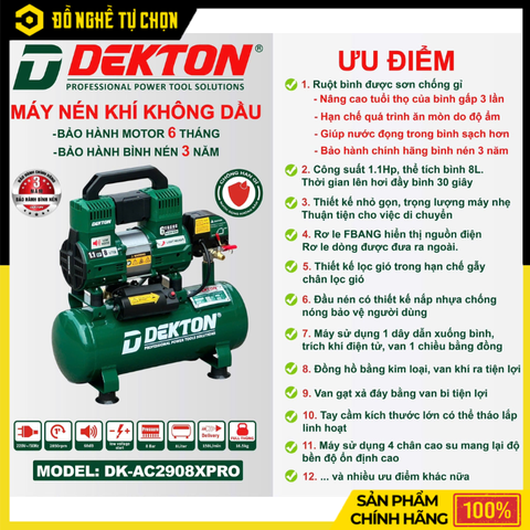  Máy Nén Khí Không Dầu Dekton DK-AC2908XPRO – Bền Bỉ, Vận Hành Êm, Bảo Hành Bình Nén 3 Năm, Hàng Chính Hãng, Có VAT