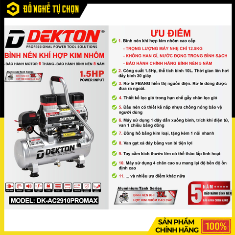 Máy Nén Khí Không Dầu Bình Nhôm Dekton DK-AC2910PROMAX 1.5HP 10L – Khí Sạch, Gọn Nhẹ, Vận Hành Êm, Hàng Chính Hãng, Có VAT