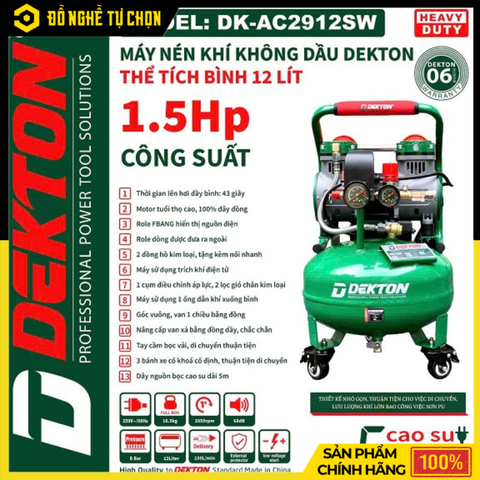 Máy Nén Khí Không Dầu Dekton DK-AC2912SW 12 Lít – Lên Hơi Nhanh, Chạy Êm, Bền Bỉ | Hàng Chính Hãng, Có VAT