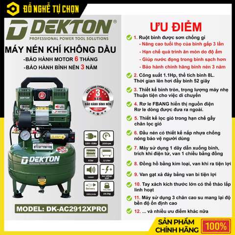 Máy Nén Khí Không Dầu Dekton DK-AC2912XPRO 12L 1.5HP Lên Hơi Nhanh Công Nghệ Giảm Ồn – Hàng Chính Hãng, Có VAT