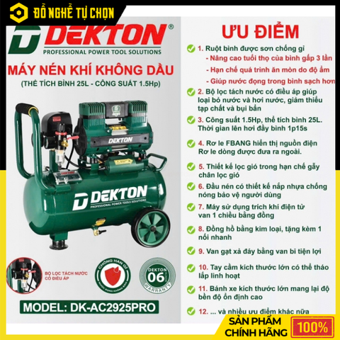 Máy Nén Khí Không Dầu Dekton DK-AC2925PRO 25 Lít – Chạy Êm, Lên Hơi Nhanh | Hàng Chính Hãng, Có VAT