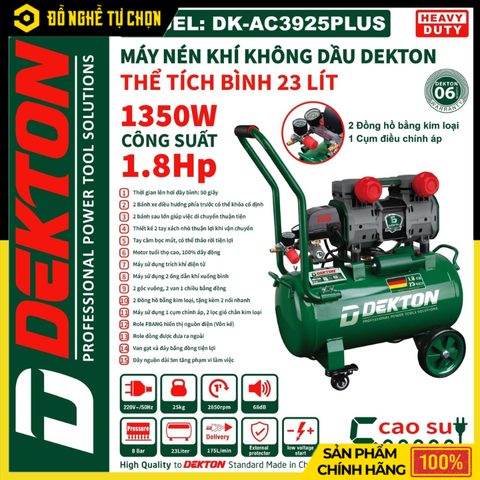 Máy Nén Khí Không Dầu DEKTON DK-AC3925PLUS – 23L, 1.8HP, Siêu Êm, Nạp Hơi Nhanh | Hàng Chính Hãng, Có VAT