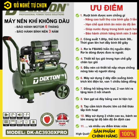 Máy Nén Khí Không Dầu Dekton DK-AC3930XPRO2HP 30L (Màu Oliu) | Hàng Chính Hãng, Có VAT