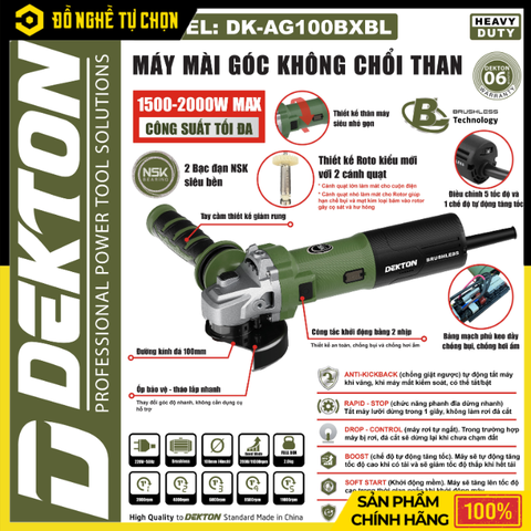 Máy Mài Góc Brushless Dekton DK-AG100BXBL / DK-AG125BXBL 2000W 5 Tốc Độ An Toàn | Hàng Chính Hãng, Có VAT