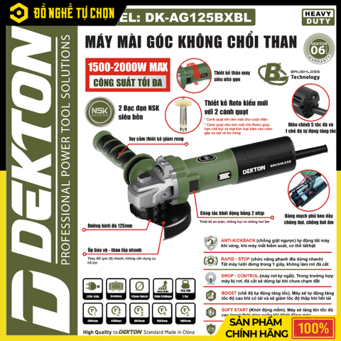 Máy Mài Góc Brushless Dekton DK-AG100BXBL / DK-AG125BXBL 2000W 5 Tốc Độ An Toàn | Hàng Chính Hãng, Có VAT