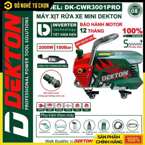 Máy Rửa Xe Inverter Dekton DK-CWR3001PRO – Chỉnh Áp Mạnh Mẽ, Tiết Kiệm Điện, Động Cơ Từ Lõi Đồng, Hàng Chính Hãng, Có VAT