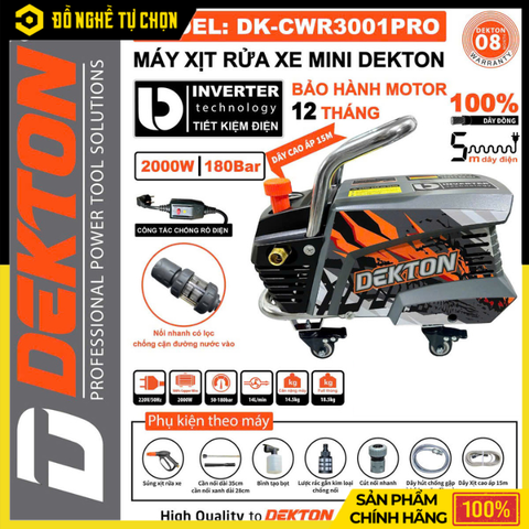 Máy Rửa Xe Inverter Dekton DK-CWR3001PRO – Chỉnh Áp Mạnh Mẽ, Tiết Kiệm Điện, Động Cơ Từ Lõi Đồng, Hàng Chính Hãng, Có VAT