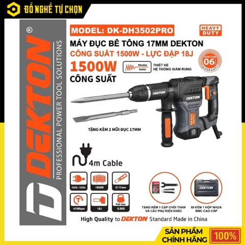 Máy Đục Bê Tông DEKTON DK-DH3502PRO 1500W – Có Giảm Rung – Lực Đập 18J – Tặng 2 Mũi – Hàng Chính Hãng Có VAT