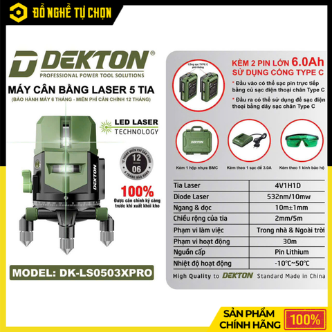 Máy Cân Mực Laser 5 Tia Dekton DK-LS0503XPRO – Pin 6000mAh x2, Tia Xanh Siêu Sáng | Hàng Chính Hãng, Có VAT
