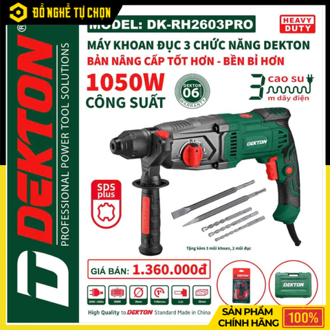 Máy Khoan Bê Tông 3 Chức Năng 1050W Dekton DK-RH2603PRO | Hàng Chính Hãng, Có VAT