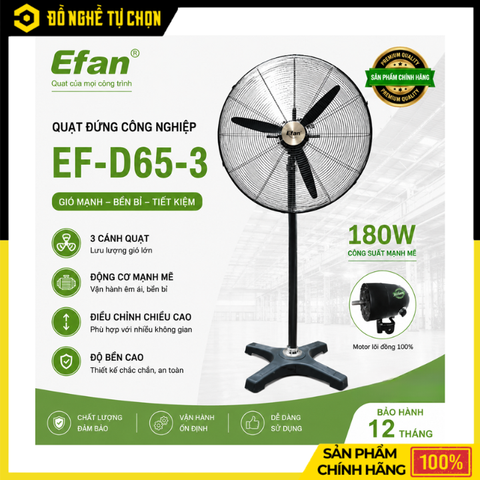 Quạt Đứng Công Nghiệp EFan EF-D65-3 – Gió Mạnh Diện Rộng, Vận Hành Bền Bỉ, Làm Mát Hiệu Quả | Hàng Chính Hãng, Có VAT