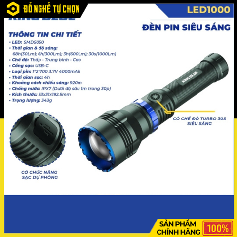 Đèn Pin Siêu Sáng Kingblue LED1000 – Chiếu Xa Mạnh Mẽ, Pin Bền, Đa Năng Cho Mọi Hoàn Cảnh | Hàng Chính Hãng, Có VAT