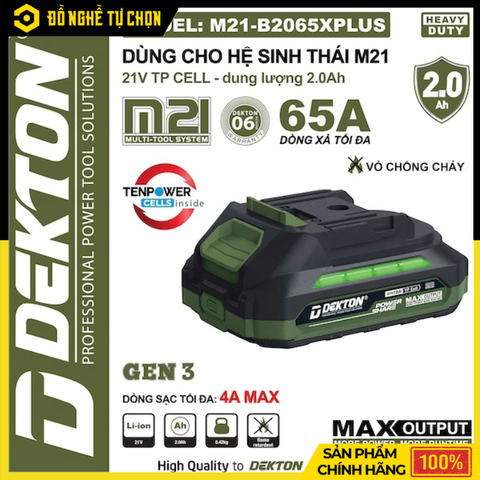 Pin Li-ion Dekton M21-B2065PLUS 21V 2.0Ah – Dòng Xả Cao 65A, Công Nghệ Gen 3 – Hiệu Suất Mạnh Mẽ – Hàng Chính Hãng, Có VAT