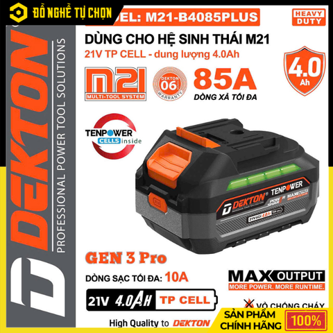 Pin 21V 4.0Ah Dekton M21-B4085PLUS Dòng Xả Cao 85A | Hàng Chính Hãng, Có VAT