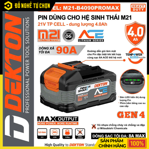 Pin 21V 4.0Ah Dekton M21-B4090PROMAX – Hiệu Suất Cao, Bền Bỉ, Hàng Chính Hãng, Có VAT