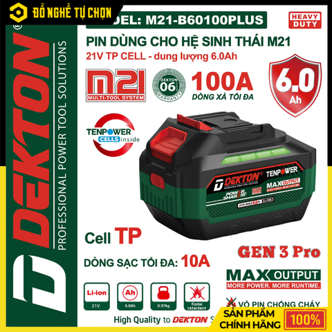 Pin Dekton 21V 6.0Ah 15 Cell M21-B60100Plus | Hàng Chính Hãng, Có VAT