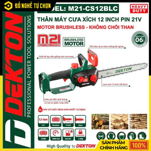 [THÂN] Máy Cưa Xích 12 Inch Dùng Pin 21V Dekton M21-CS12BLC – Công Suất Mạnh 1200W, Cắt Nhanh Ổn Định, Hàng Chính Hãng, Có VAT