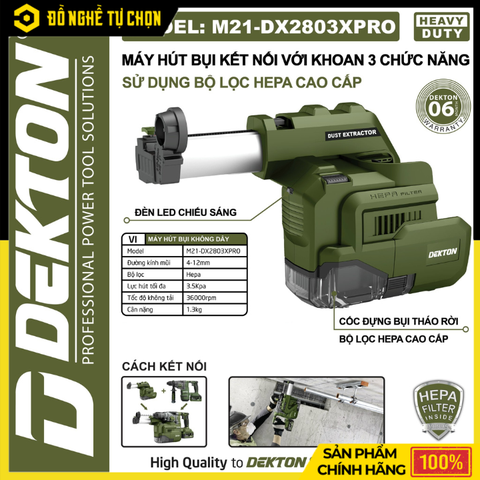 Máy Hút Bụi Dùng Cho Máy Khoan Dekton M21-DX2803PRO – Tích Hợp Cho Khoan Bê Tông, Lực Hút Mạnh, Bộ Lọc HEPA Cao Cấp - Hàng Chính Hãng, Có VAT