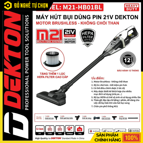 Máy Hút Bụi Dùng Pin 21V Dekton M21-HB01BL (Chưa Pin & Sạc) – Gọn Nhẹ, Lực Hút Mạnh, Hàng Chính Hãng, Có VAT