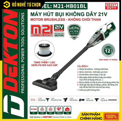 Máy Hút Bụi Dùng Pin 21V Dekton M21-HB01BL (Chưa Pin & Sạc) – Gọn Nhẹ, Lực Hút Mạnh, Hàng Chính Hãng, Có VAT
