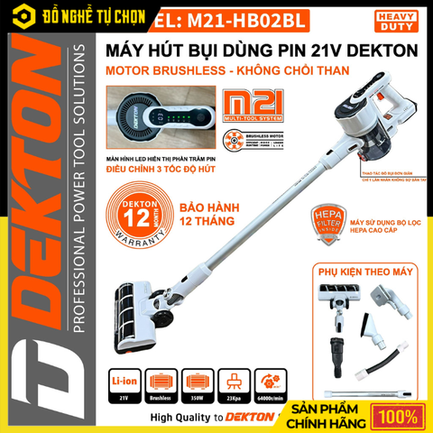 Máy Hút Bụi Dùng Pin Dekton M21-HB02BL (Chưa Pin & Sạc) – Lực Hút Mạnh, Động Cơ Không Chổi Than, Hàng Chính Hãng, Có VAT