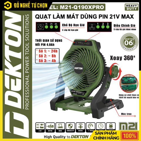 [THÂN] Quạt Pin Dekton M21-Q190XPRO 21V Gió Mạnh Xoay 360 Đa Năng | Hàng Chính Hãng, Có VAT