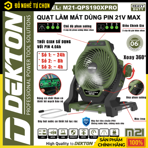 [THÂN] Quạt Phun Sương Pin Dekton M21-QPS190XPRO Làm Mát Mạnh Mẽ | Hàng Chính Hãng, Có VAT