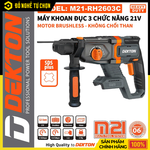 [THÂN] Máy Khoan Búa Pin 21V Dekton M21-RH2603C – Lực Đập 3.2J, Khoan Bê Tông 26mm, Hiệu Suất Mạnh Mẽ – Hàng Chính Hãng, Có VAT