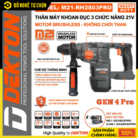 [THÂN] Máy Khoan Đục 3 Chức Năng Dekton M21-RH2803PRO – Brushless Không Chổi Than, Lực Đập 3.2J, Chuẩn Chuyên Nghiệp – Hàng Chính Hãng, Có VAT