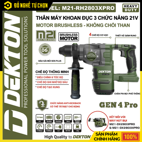 [THÂN] Máy Khoan Đục 3 Chức Năng Dekton M21-RH2803PRO – Brushless Không Chổi Than, Lực Đập 3.2J, Chuẩn Chuyên Nghiệp – Hàng Chính Hãng, Có VAT