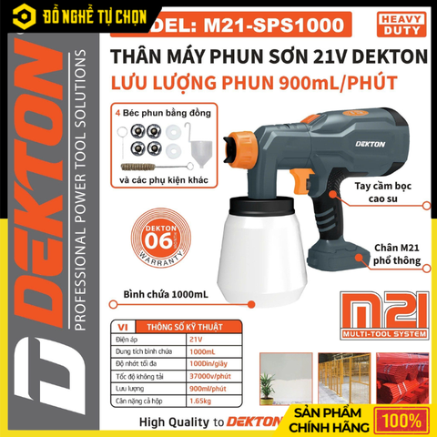 [THÂN] Máy Phun Sơn Dùng Pin Phổ Thông 21V Dekton M21-SPS1000 – Phun Mạnh, Đều Mịn, Linh Hoạt Mọi Không Gian, Hàng Chính Hãng, Có VAT