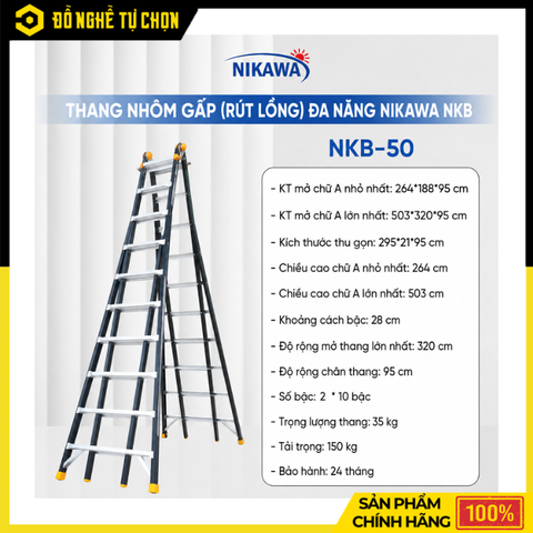 Thang Nhôm Gấp Đa Năng Nikawa NKB-50 Cao 8.8m Siêu Chịu Lực, Giải Pháp Làm Việc Trên Cao Chuyên Nghiệp | Hàng Chính Hãng, Có VAT