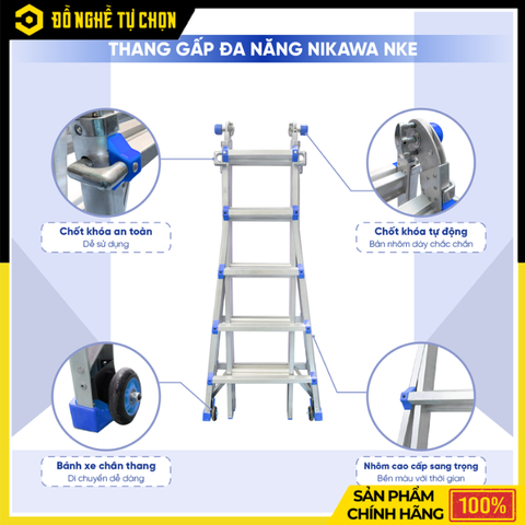 Thang Nhôm Gấp Đa Năng Nikawa NKE-44 Cao 4.4m, Chuyển Đổi Nhiều Tư Thế, An Toàn Và Tiện Lợi | Hàng Chính Hãng, Có VAT