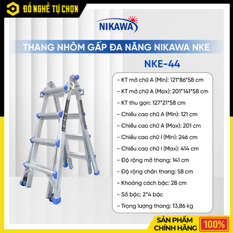 Thang Nhôm Gấp Đa Năng Nikawa NKE-44 Cao 4.4m, Chuyển Đổi Nhiều Tư Thế, An Toàn Và Tiện Lợi | Hàng Chính Hãng, Có VAT