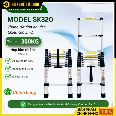 Thang Nhôm Rút Đơn Sumika SK320 Cao 3.2m Gọn Nhẹ | Hàng Chính Hãng, Có VAT