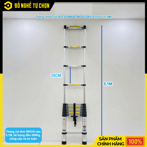 Thang Nhôm Rút Đơn 5.1m Sumika SK510 Gọn Nhẹ | Hàng Chính Hãng, Có VAT