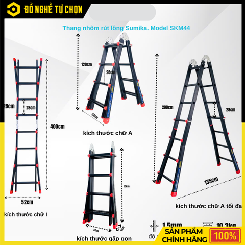Thang Nhôm Rút Lồng Sơn Tỉnh Điện SUMIKA SKM44, Chữ A Cao 2.0m