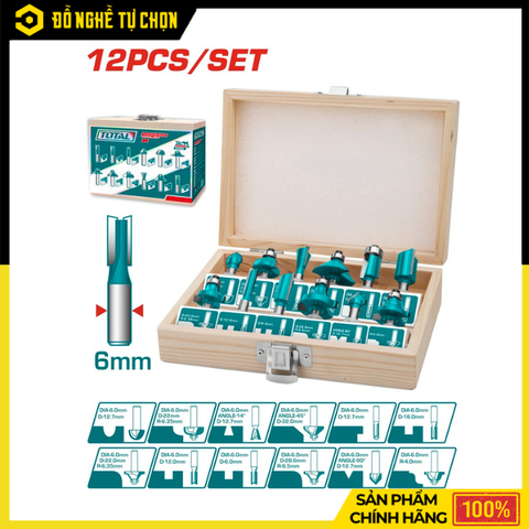 Bộ 12 Mũi Phay Gỗ 6mm Total TACSR0121 Hợp Kim Cao Cấp Đa Dạng Kiểu Phay – Hàng Chính Hãng, Có VAT