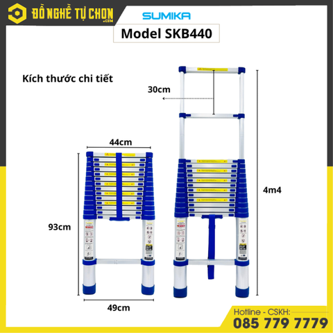 Thang Đơn Rút Nhôm Sumika SKB440 – Đai Xanh, Chiều Cao 4.4m | Gọn Nhẹ, Bền Chắc, Chuẩn An Toàn Châu Âu | Hàng Chính Hãng, có VAT